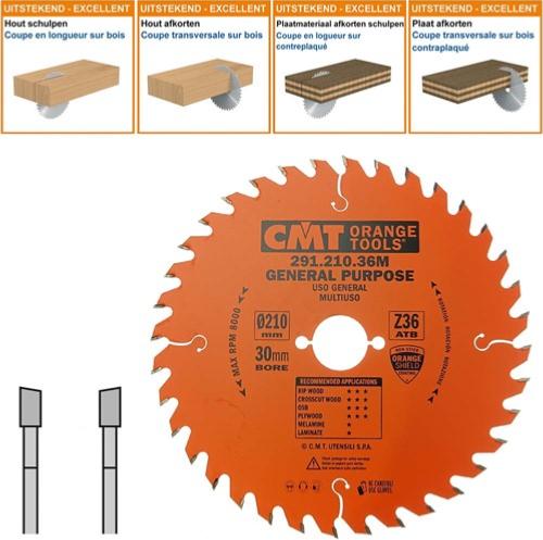 Lame circulaire CMT pour coupes transversales pour portatives - Diamètre 210mm - Alésage 30mm - 36 dents alternées - Ep 2,8/1,8 - CMT Orange tools