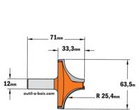 Fraise CMT pour quart de rond (sans roulement) - Rayon 25,4mm - queue de 12mm