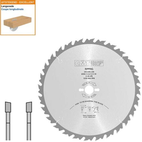 Lame circulaire CMT pour coupes en longueur - Diamètre 350mm - Alésage 30mm - 28 dents alternées - Ep 3,5/2,5 - CMT Orange tools
