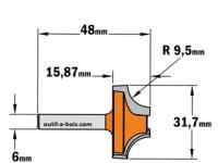Fraise CMT pour quart de rond (sans roulement) - Rayon 9,5mm - queue de 6mm