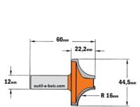 Fraise CMT pour quart de rond (sans roulement) - Rayon 16mm - queue de 12mm