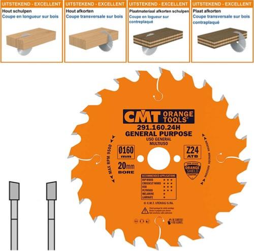 Lame circulaire CMT pour coupes transversales pour portatives - Diamètre 160mm - Alésage 20mm - 24 dents alternées - Ep 2,2/1,6 - CMT Orange tools
